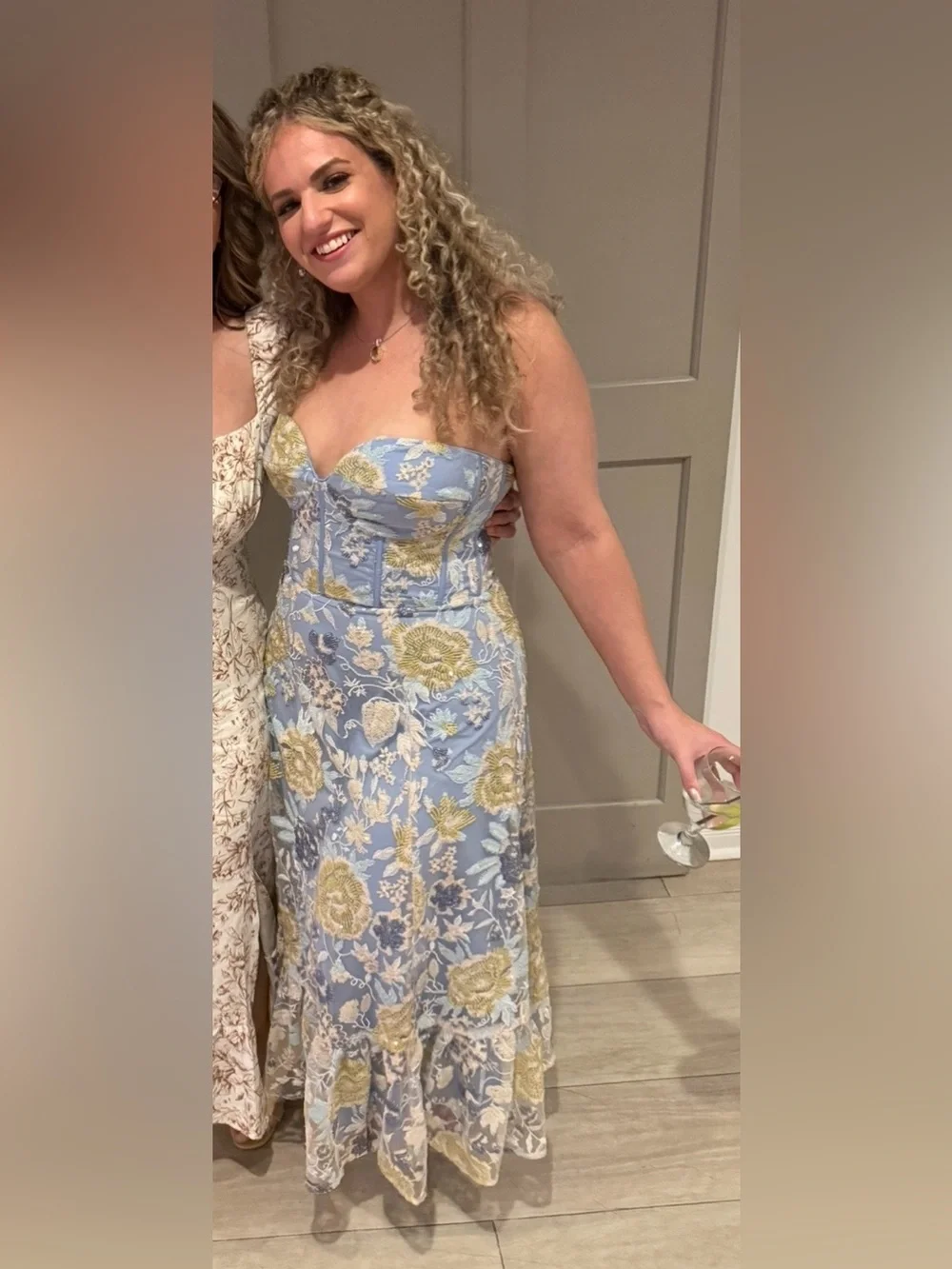 Dress the Population Strapless Blue and Gold Floral Midi Dress - Picture 3 of 4